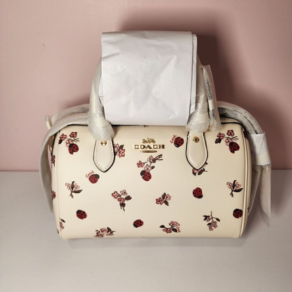 NWT COACH CU272 Rowan Satchel Ladybug Floral Print Crossbody Bag Chalk